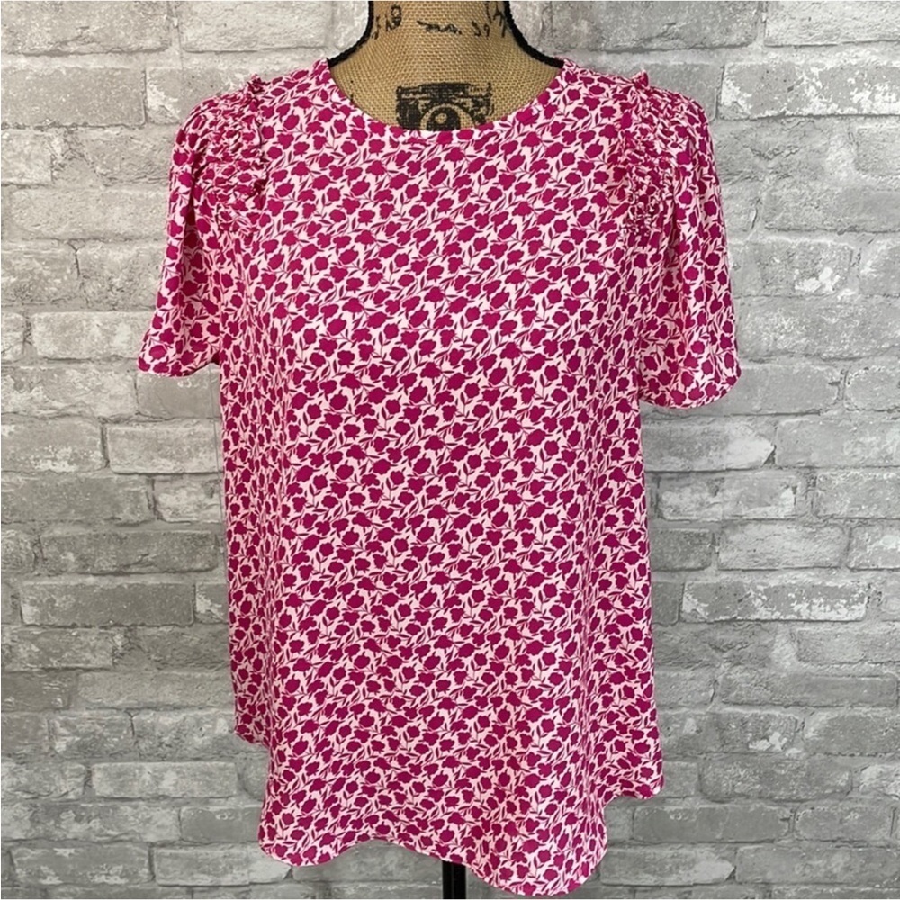 Ann Taylor Pink Print Smocked Ruffle Blouse
